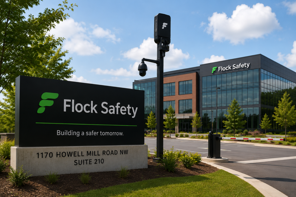 Illustration of Flock Safety corporate headquarters and license plate reader camera technology in Atlanta